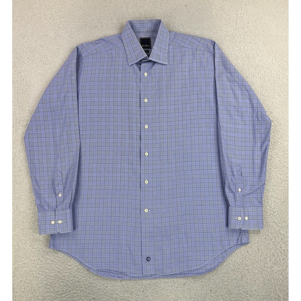 David Donahue Dress Shirt Mens 17.5 34/35 Blue Check Slim Fit Woven Cotton LS